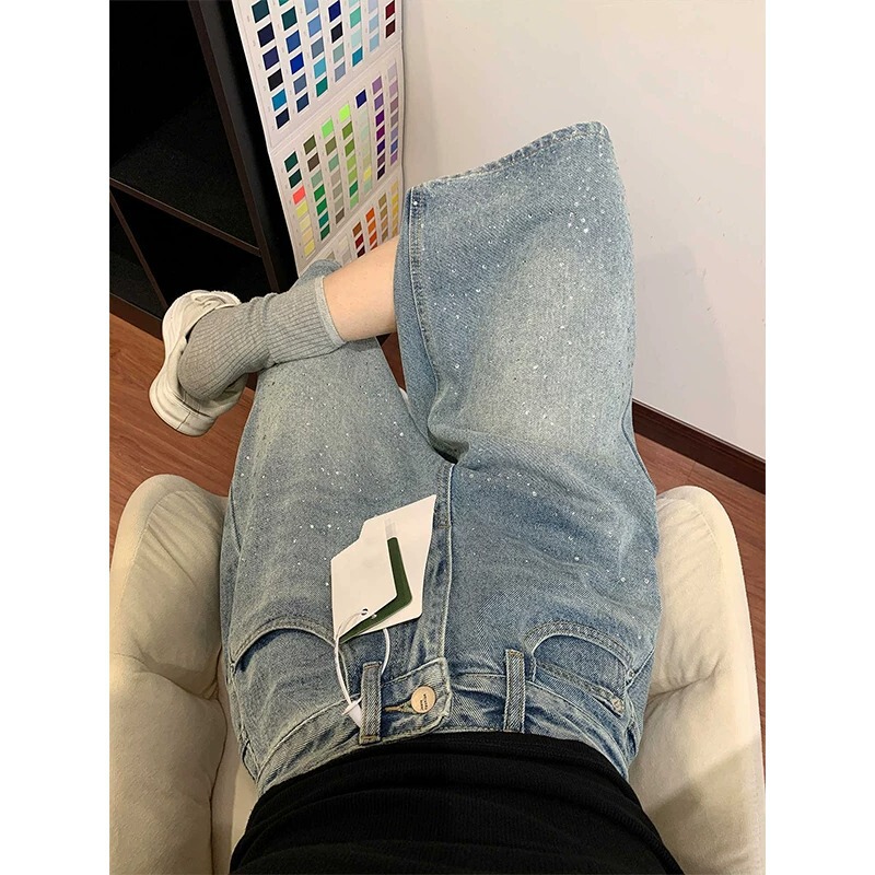 Light-Colored Rhinestone-Embellished Denim Capri Pants for Women, Summer New Style, Plus-Size, Loose Fit, Flattering for Pear-Shaped Body, Wide-Leg Pants