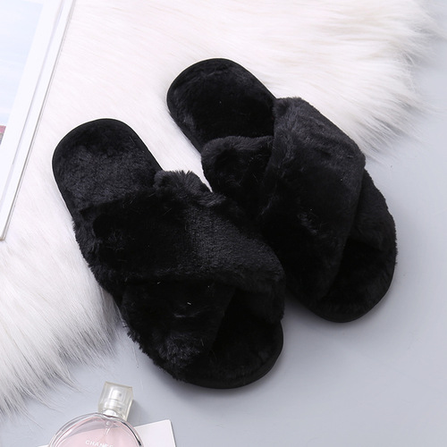 Cross-border large size 44-45 women's fluffy slippers 2024 autumn winter new flat home indoor crossed plush cotton slippers