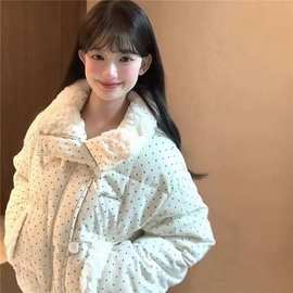 甜美温柔波点毛领羽绒棉服外套女冬季新款韩系奶呼呼加厚棉衣短款