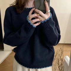 秋冬の新型丸首の手作りの点線の縫い目のセーターの女性の肩の袖の怠惰な風のシンプルなデザイン感のニットの上着