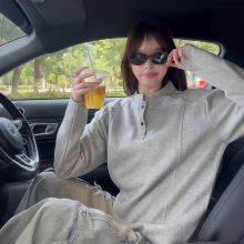 浅灰色美式亨利领卫衣男款秋冬季高级感polo衫长袖t恤内搭打底衫