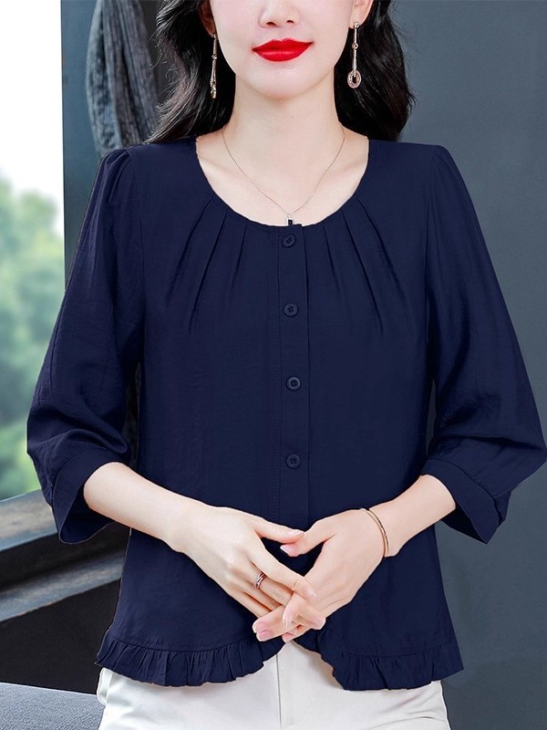 棉麻衬衫早秋女装2025新款法式荷叶边亚麻上衣洋气妈妈七分袖小衫|undefined