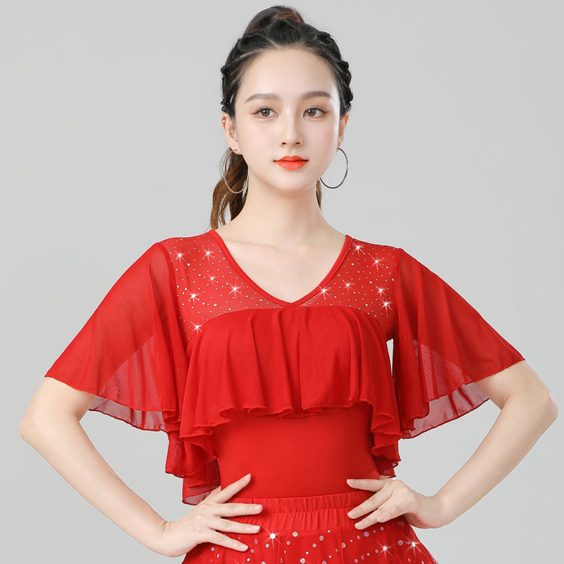 Latin Dance Tops for Women, Square Dance Clothes, Ballroom Dance Modern Dance Clothes, Jitterbug Short-Sleeved Sequined New Dance Clothes