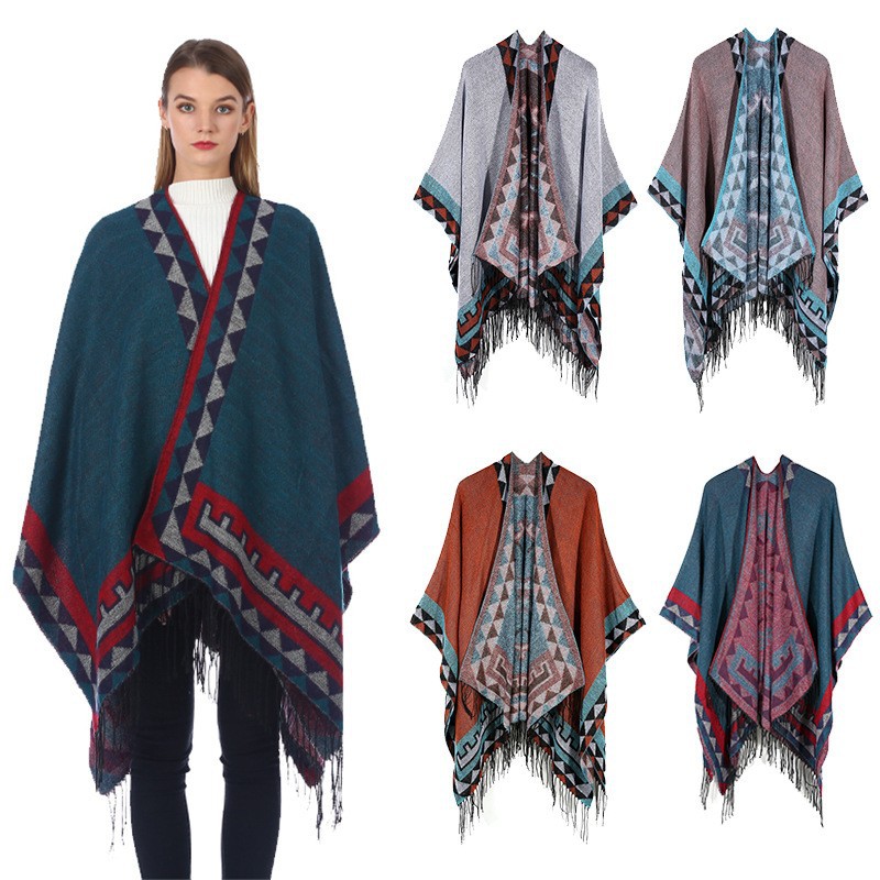 European and American Ethnic Style Triangular Tassel Long Shawl for Women, Suitable for Office and Home Use, Faux Cashmere Cape