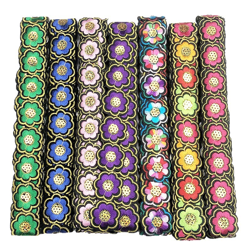 Encaje Bordado con Lentejuelas de Flor de 3.5 cm, Poliéster, Termoadhesivo, para Ropa