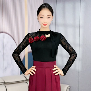 绚悦气质玫瑰蕾丝摩登舞上衣女修身显瘦交谊舞国标舞演出服练功服