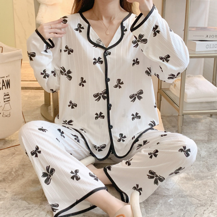 Pijamas de comercio exterior de las mujeres de manga larga cardigan melocotón corazón oso solapa pequeña ropa de hogar fresca traje de dos piezas transfronteriza mujeres lindas