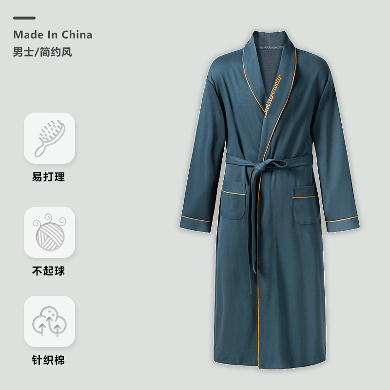 Japanese Style Nightgown Men's Spring and Autum Cardigan Mid-Length Pajamas Knitted Cotton Long-Sleeved Bathrobe 4XL Large Size Home Clothes