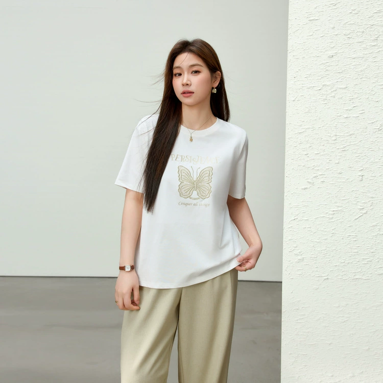 [Повседневная и удобная универсальная футболка с круглым вырезом и узором бабочки] Slim Show женская одежда больших размеров fat mm2025, новый летний стиль