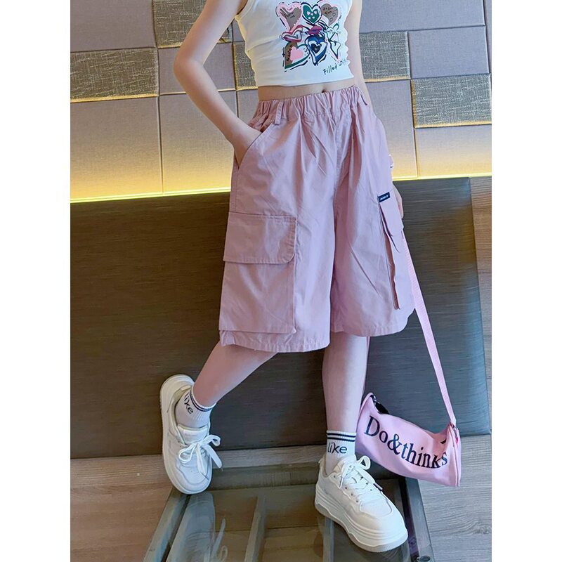 Girls Cargo Shorts Summer 2025 New Children's Mid-Length Thin Summer Shorts for Girls and Older Children