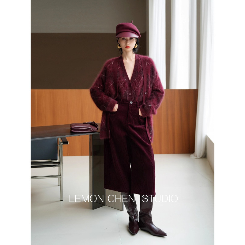 【Cardigan】Cashmere Brushed Wool Checkered Cardigan 67.5kg Unique Item