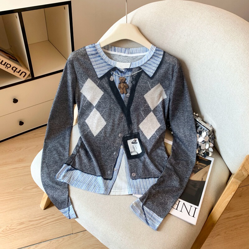 Early Autumn Fun 3D Printed Knitted Sweater for Women, Korean Style College Style Rhombus Print Patchwork Design Niche Top