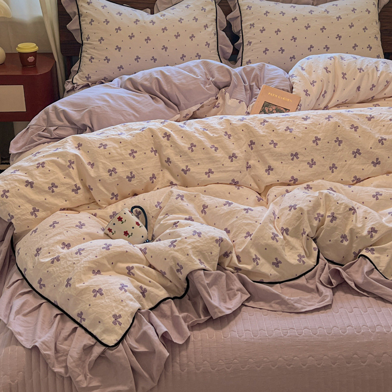 Nordic French Vintage Boho Autumn Winter French Retro A-class Washed Cotton Quilted Cover Four-piece Set With Ruffled Edges, Duvet Cover, Bed_voghion.com