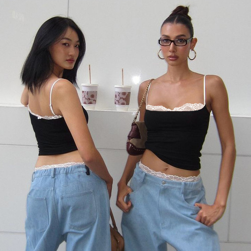 Spring 2025 New Product Spicy Girl Style Personality Splicing Color Blocking Low-Chest One-Shoulder Strap Two-Piece Tank Top