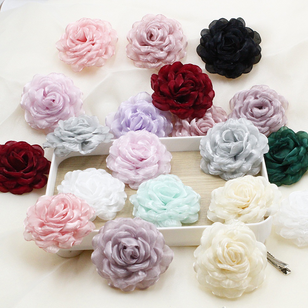 Korean-Style Three-Dimensional Burnt-Edge Rose Shiny Mesh Fabric Flower DIY Hairpin Accessory Clothing Accessory Hair Ornament