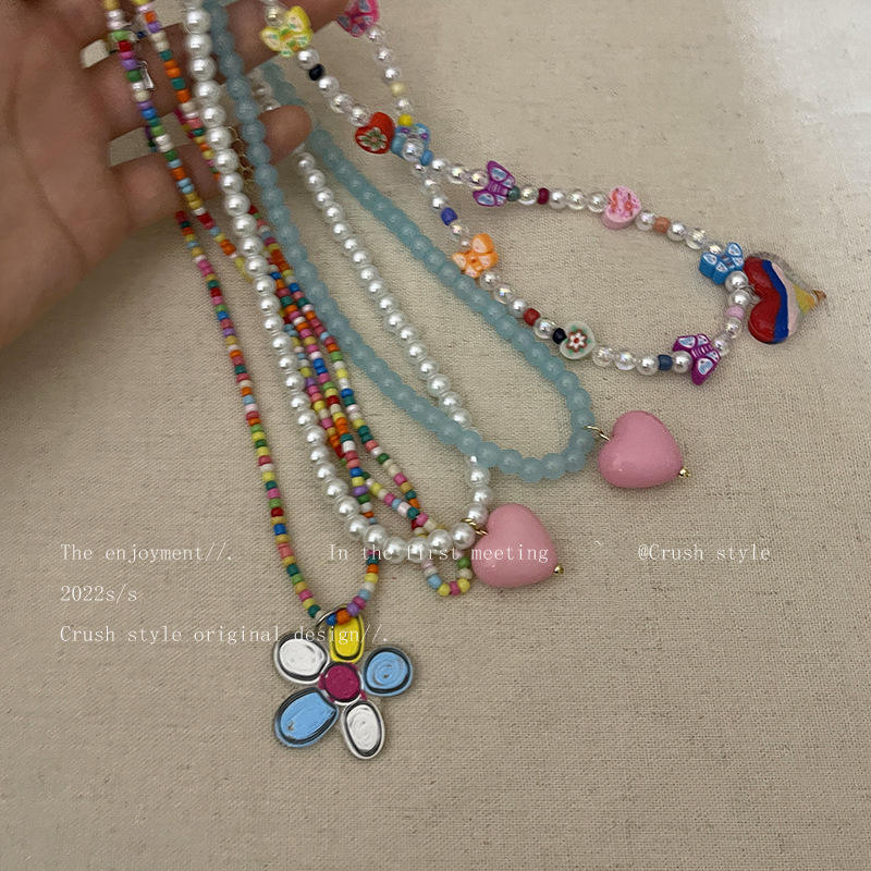 Sweet Heart Shape Flower Beaded Imitation Pearl Womenu0027S Necklace 1 Piece