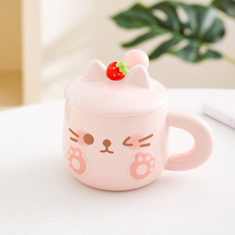 Cute taza de cerámica para gatos, taza de pareja con cuchara de tapa, taza de café, regalo de cumpleaños práctico