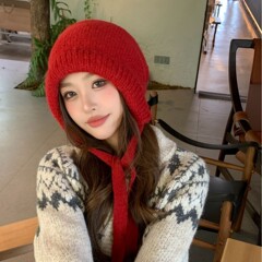 巴拉克拉法帽子女红色秋冬季保暖百搭显脸小纯色针织毛线护耳朵帽