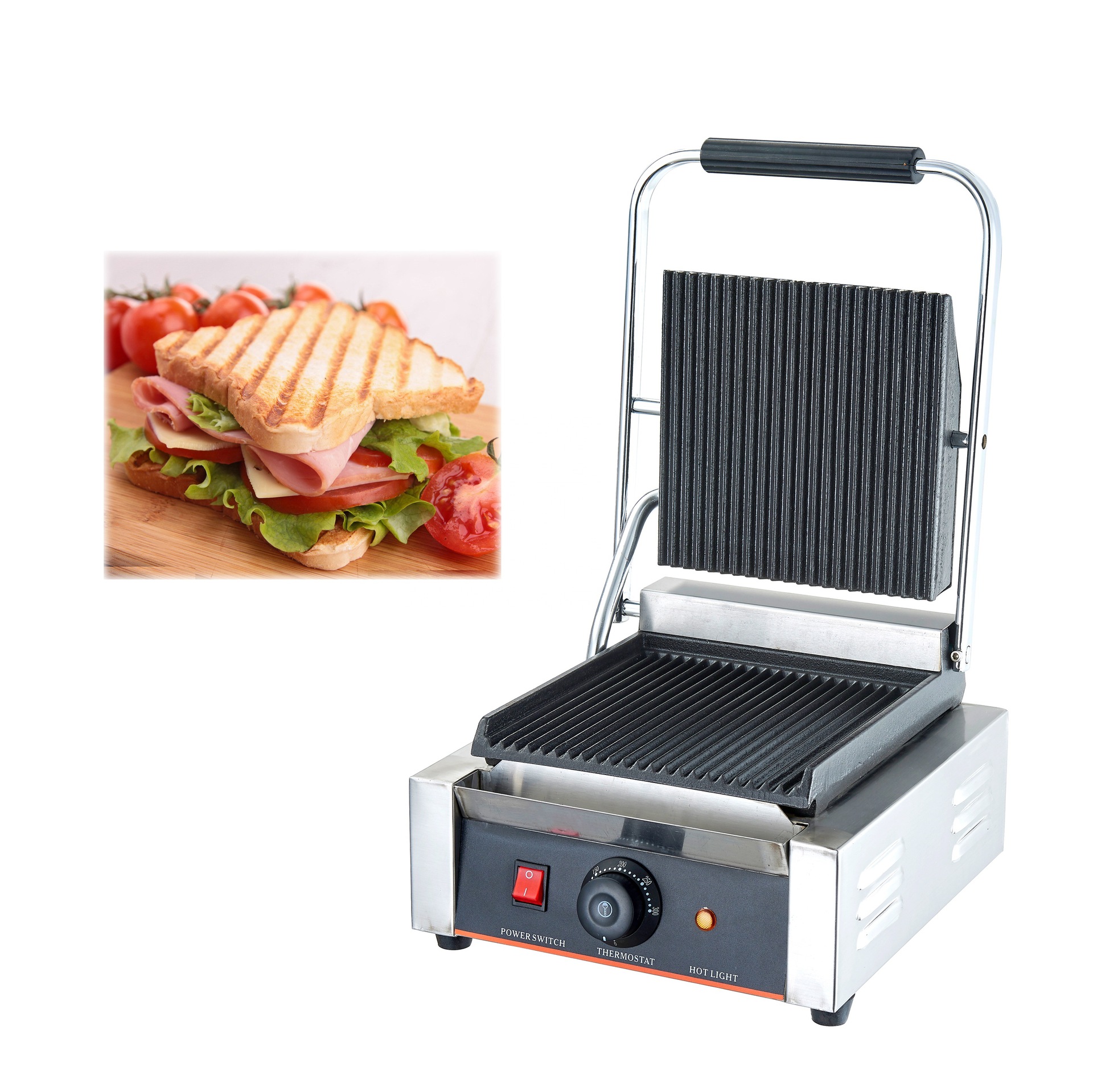 Guangzhou First Flight Stainless Steel Body Sandwich Machine Panini Cast Iron Bread Machine Grill Stove Upper Pit Lower Pit Baking Machine