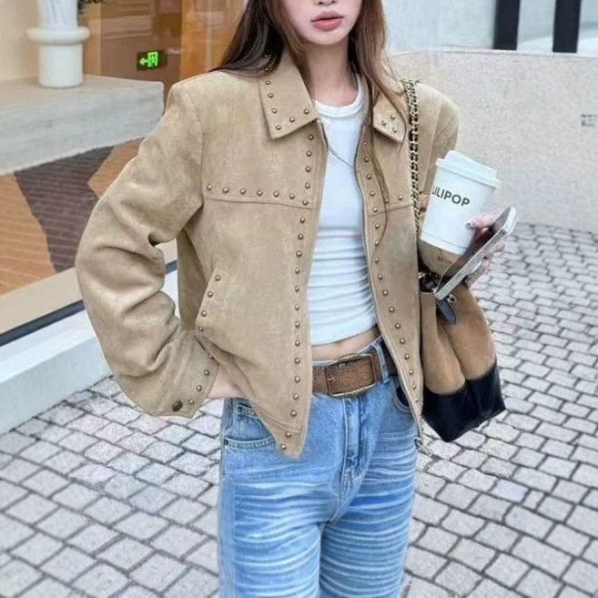 Cross-border khaki faux suede short jacket for women, studded biker style, old money style, slimming and versatile jacket Cross-border khaki faux suede short jacket for women, studded biker style, old money style, slimming and versatile jacket