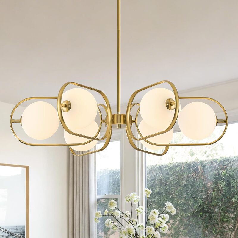 Cross-border exclusive supply of modern minimalist chandelier with 6 lights, milk glass chandelier suitable for dining room, bedroom, living room, and entrance lighting