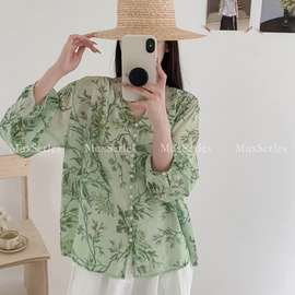 韩版文艺天丝棉薄款透气显瘦V领印花七分袖女衬衫 夏宽松百搭上衣