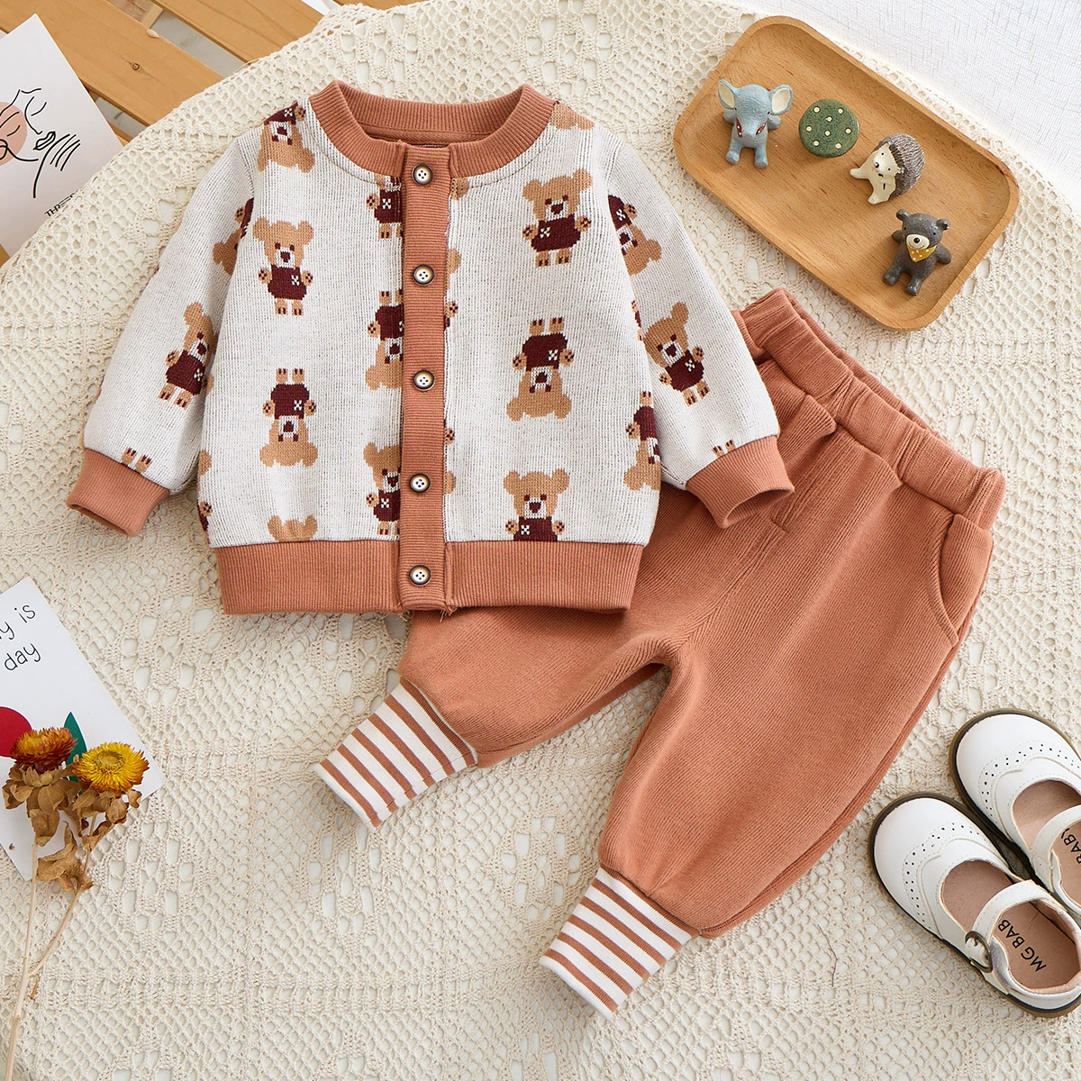 Children's set for boys, autumn, Korean style, with embroidery, with little bears