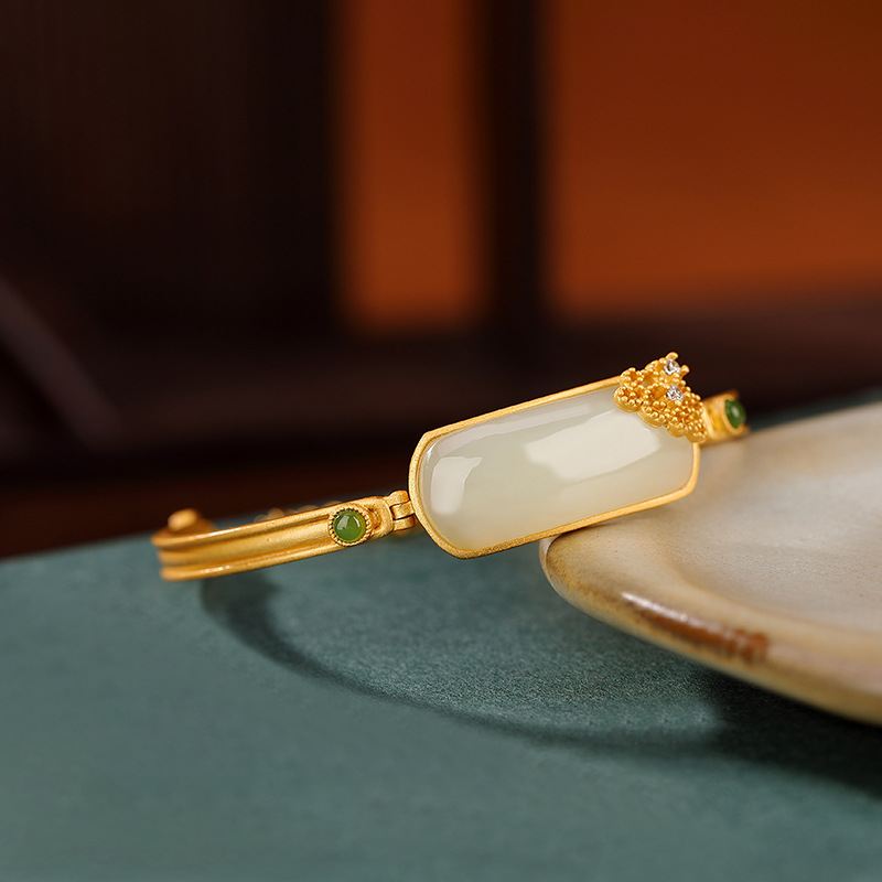 Vòng tay nữ bạc S925 mạ vàng đính ngọc bích jasper phong cách Trung Quốc — Một chiếc