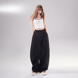 YC & 2 color American retro high waist loose machete pants elastic waist wide leg pants Joker banana pants casual pants women