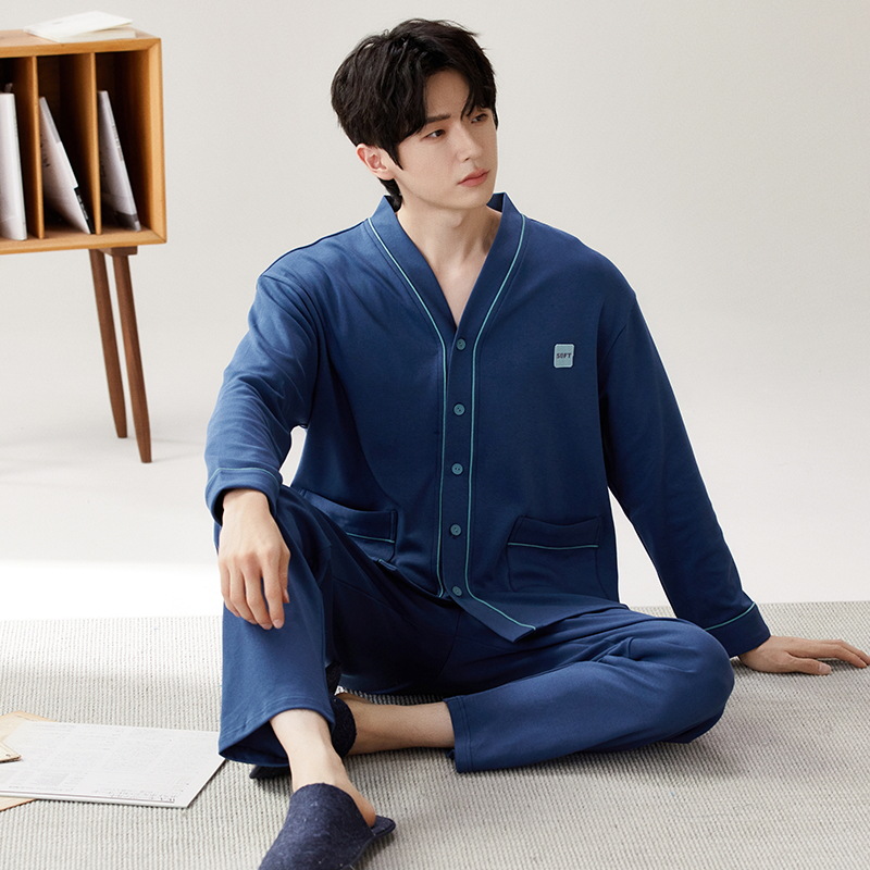 Pijama de hombre primavera y otoño algodón cardigán de manga larga kimono juvenil se puede usar grande algodón conjunto de ropa de casa
