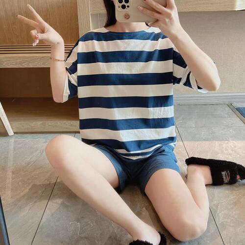 Ins Japanese Striped Thin Men's Summer Pajama Set with Short Sleeve Top and Shorts for Summer Home Wear