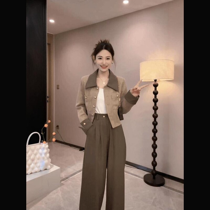 流行洋气套装女2025秋季新款小香风外套高腰直筒阔腿裤子两件套潮|undefined