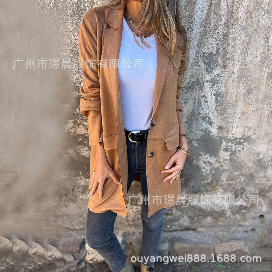 亚马逊2024秋季新款跨境时尚欧美外贸女装简约西装领中长款外套