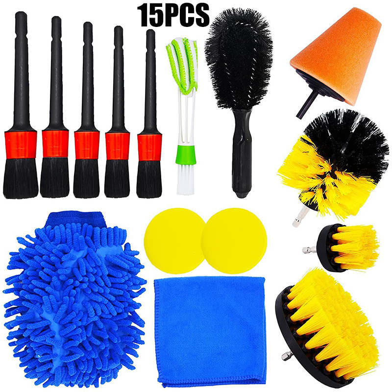 跨境热卖汽车电钻清洁刷洗车刷套装15件套汽车出风口刷缝隙细节刷