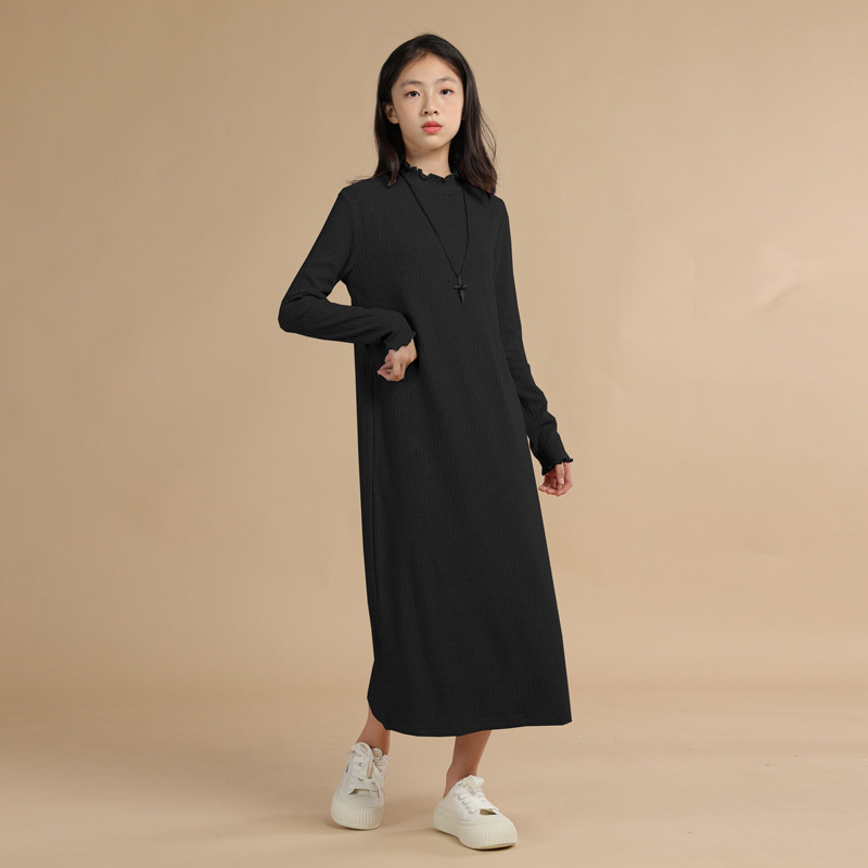 Largo tocando fondo de punto vestido niñas otoño e invierno nuevo estilo con abrigo interior desgaste flojo perezoso cuello alto suéter vestido de moda