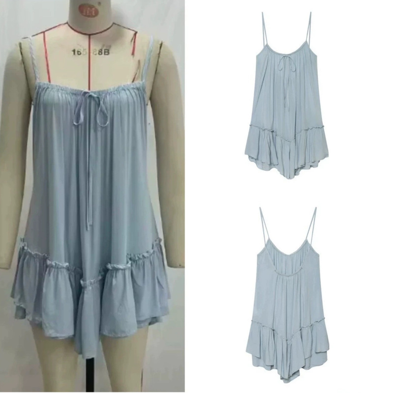 New Summer Fashion European and American Style Sexy Women's Vacation Round-Neck Draped Layered Strap Mini Solid Color Dress Trendy New Summer Fashion European and American Style Sexy Women's Vacation Round-Neck Draped Layered Strap Mini Solid Color Dress Trendy