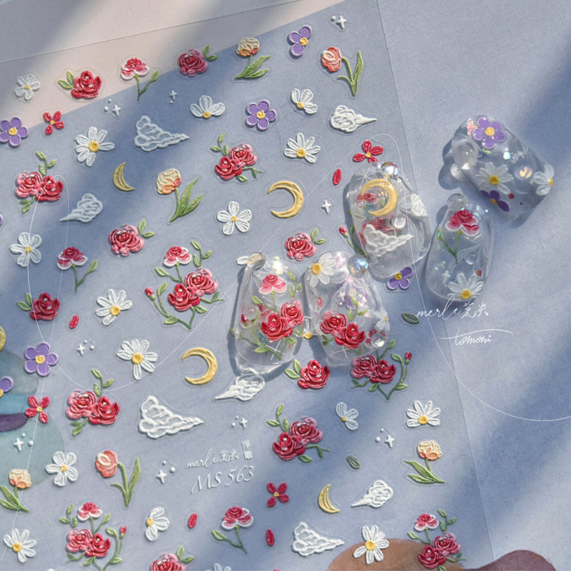 New embossed small fresh daisy flower nail patch Japanese vintage oil painting rose nail stickers wholesale