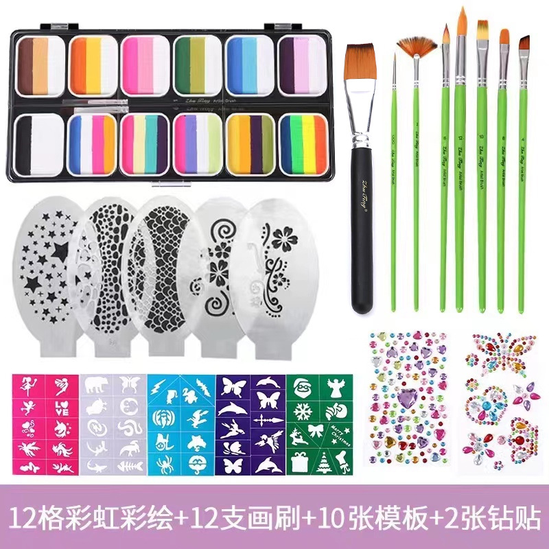 3012F-12 무지개 그림 + 부채 모양의 펜이 달린 녹색 막대 7 개 + 컬러 스티커 5 개 + 흰색 템플릿 5 개 + 와이드 헤드 브러시 1 개 + 다이아몬드 스티커 2 개