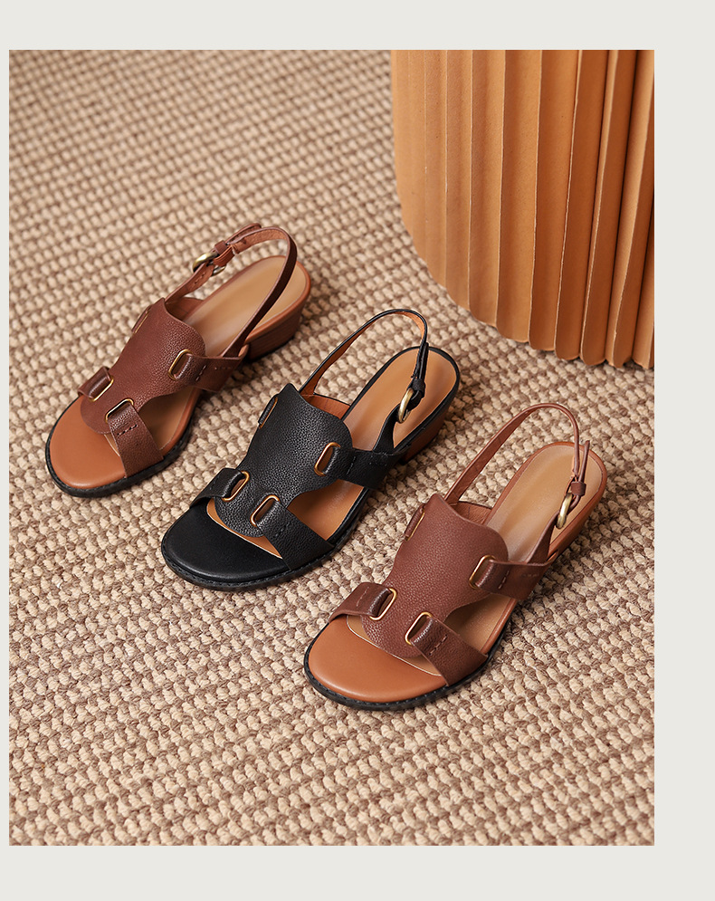 Sandal La Mã cổ điển hở mũi quai khóa gót dày nữ — Màu nâu chi tiết 8