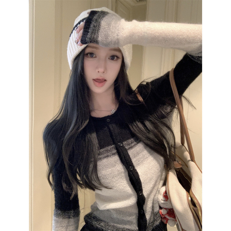 昕可达 马海毛渐变针织衫女冬季新款慵懒风毛衣复古长袖开衫上衣|undefined