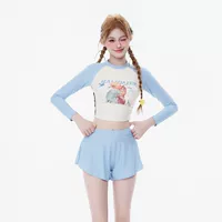 Новый стиль узкие мультфильм с принтом с длинным рукавом футболка шорты сплит купальник женский повседневный спортивный бикини набор из двух частей