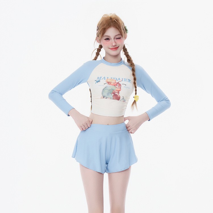 New Slim Cartoon Print Conservative Long-Sleeved Shorts Split Swimsuit Women's Casual Sports Bikini Two-Piece Set