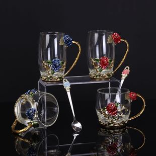 New Style Cup Rose Household Cup suit Enamel Color Water Cup High Temperature Resistant Glass Cup Scented Tea Creative Gift Cup