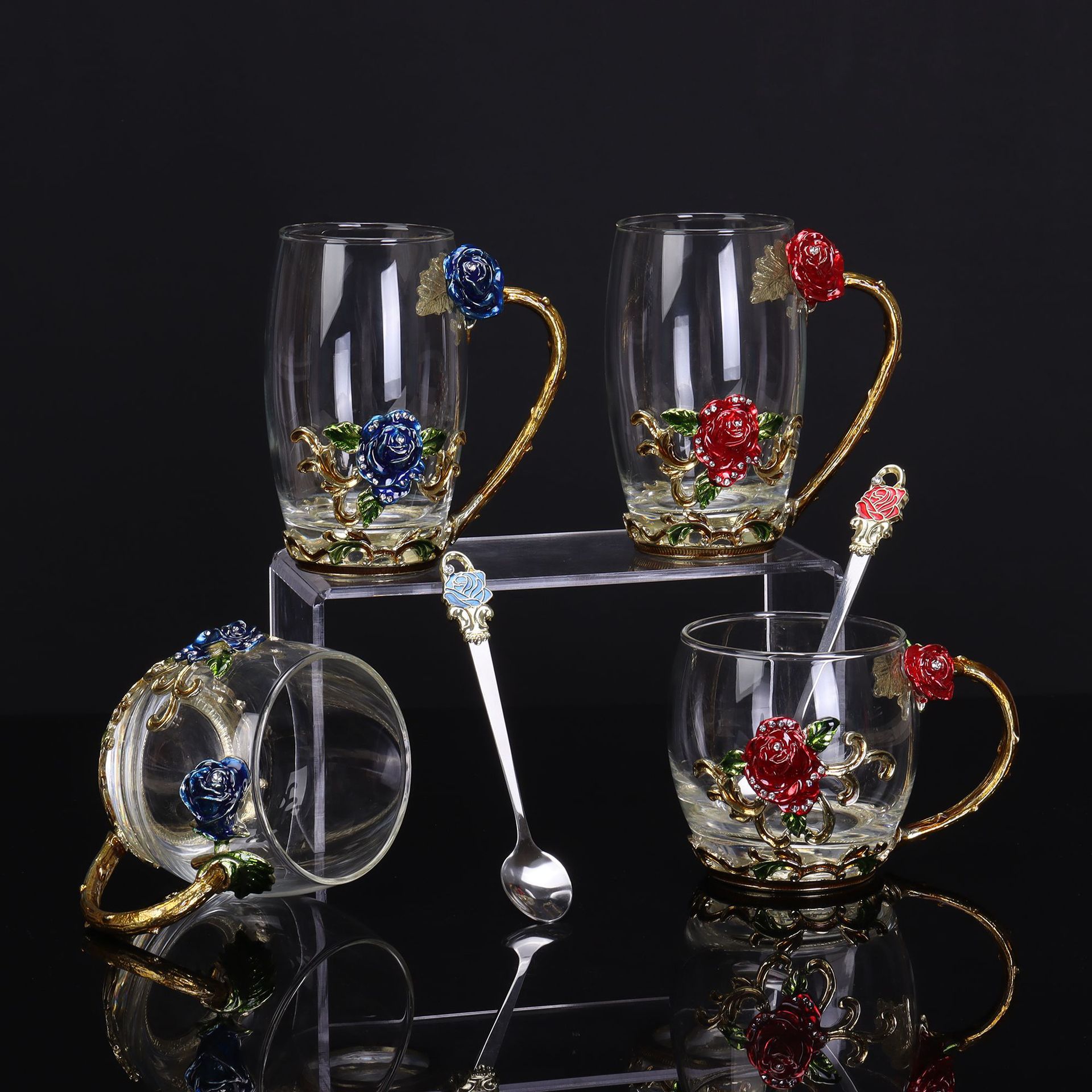 新款杯玫瑰花家用杯子套装珐琅彩水杯耐高温玻璃杯花茶创意礼品杯