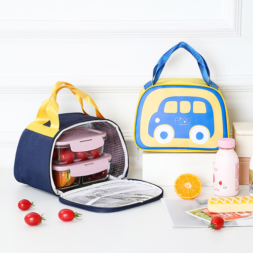 Portable Insulated Lunch Box Bag with Cartoon Car Design for Students - Modern Simple Thickened Handheld Lunch Box Carrier