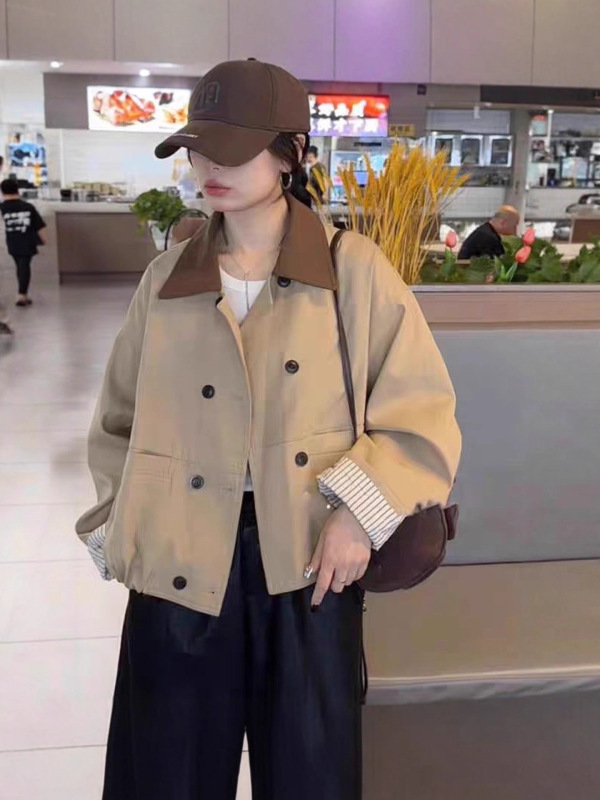翻领撞色拼接双排扣风衣外套女2025秋装新款休闲宽松时尚夹克上衣|undefined