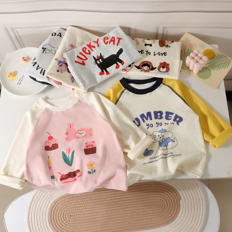 Children's Pure Cotton Long-Sleeved T-Shirt Baby Round Neck Color-Blocked Top Thin Boys and Girls Spring & Fall Raglan Bottoming Shirt Children's Pure Cotton Long-Sleeved T-Shirt Baby Round Neck Color-Blocked Top Thin Boys and Girls Spring & Fall Raglan Bottoming Shirt