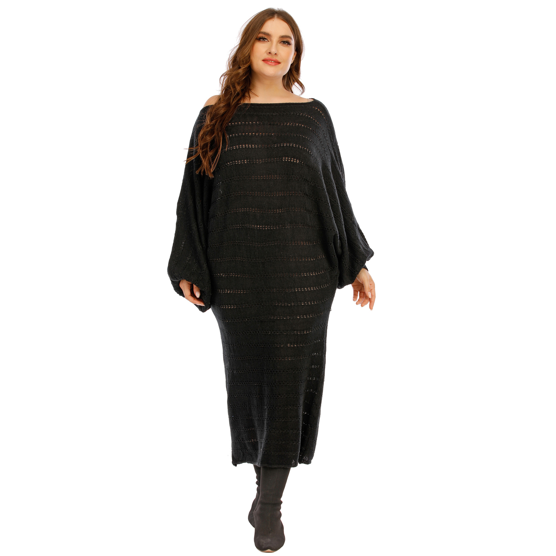 Plus size hollow knit lantern sleeves mid-length dress  NSOY26820