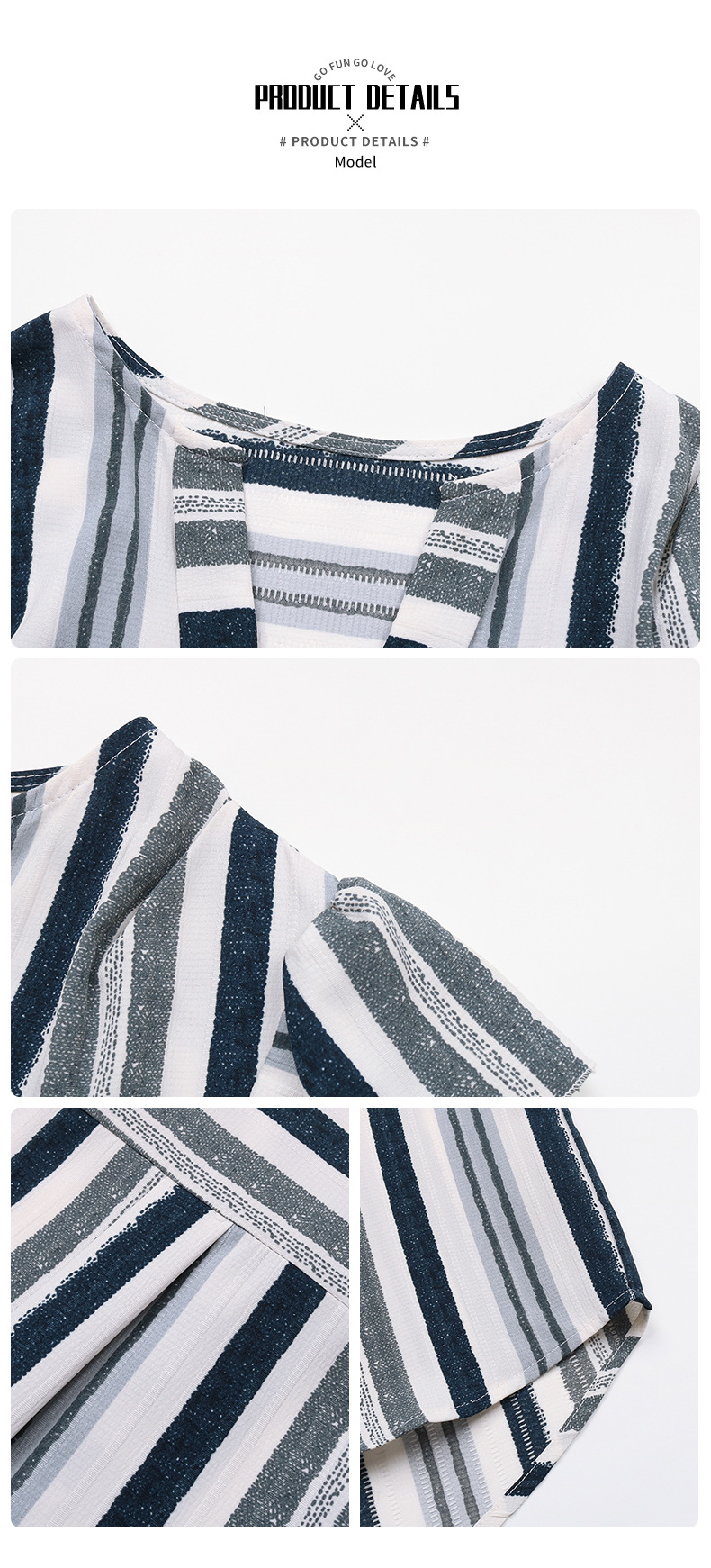 Pulloverhemd mit Patchwork-Muster, Lotusblatt-Ärmeln und kontrastierenden Streifen_voghion.com