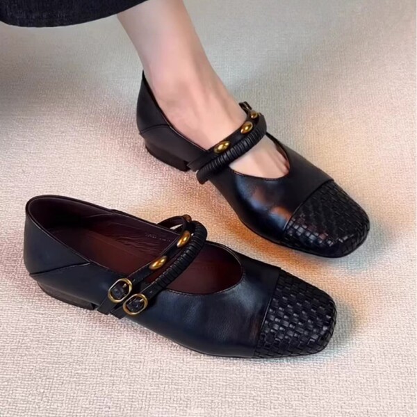 Retro woven autumn Mary Jane shoes square toe with a strap low-cut